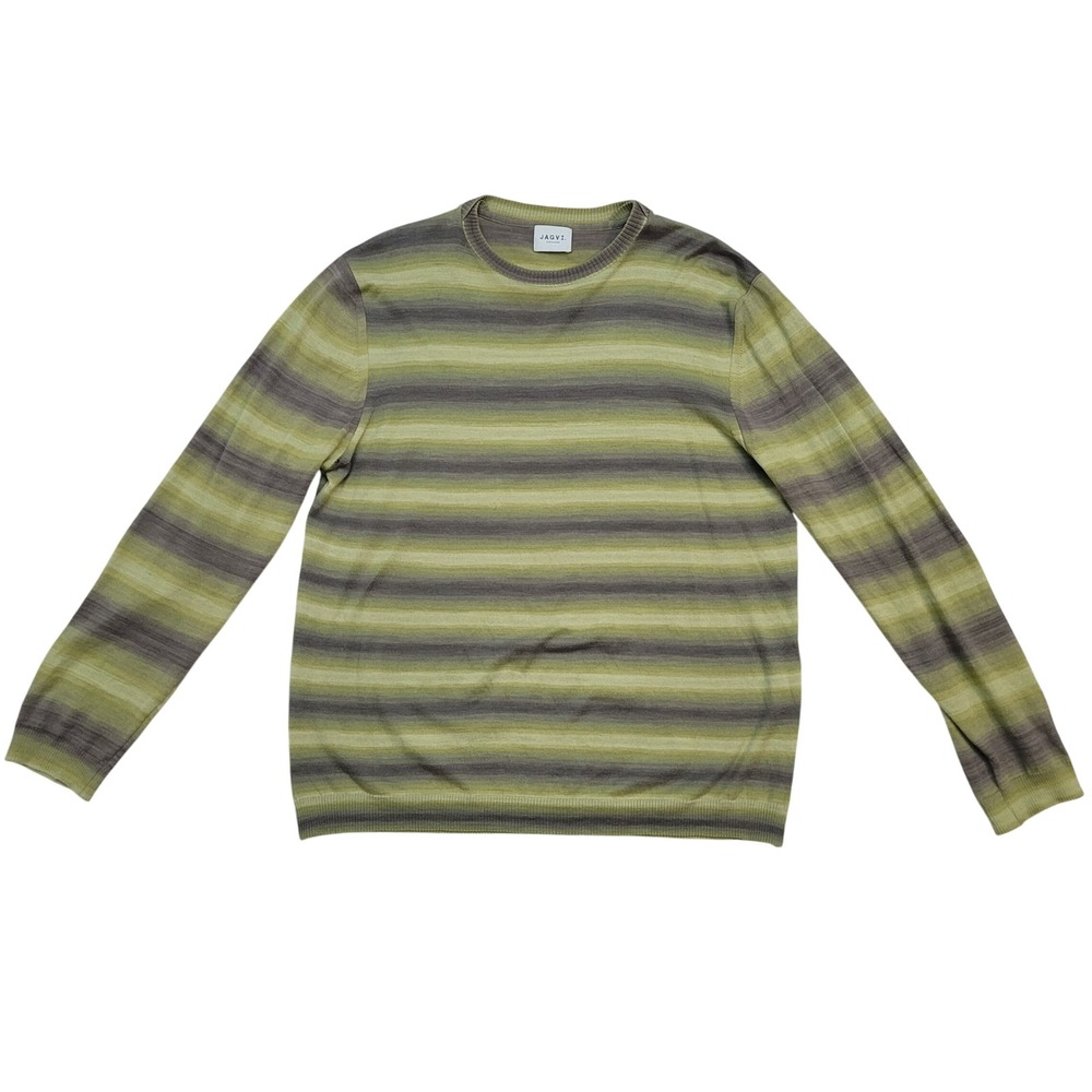 JAGVI Mens Large Sweater Green Grey Striped Cotton Crew Neck Rive Gauche